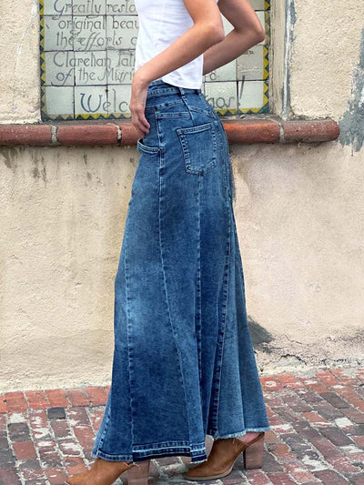 Jupe longue en jean extensible et amincissante à coupe trapèze