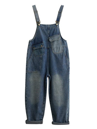 Women's Contrast Washed Denim Overalls