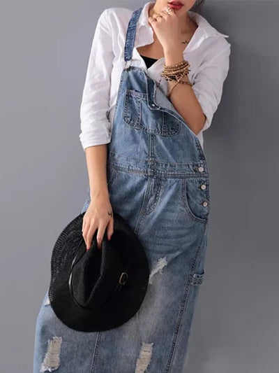 Back Slit Distressed Denim Overalls Dress