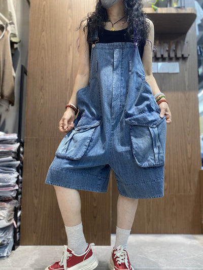 Sloppy Overall Shorts Women's Washed Cargo Denim Dungarees
