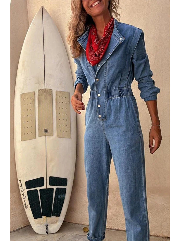 Women's Button-Front Relaxed Denim Jumpsuit