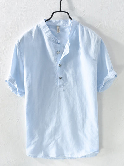 Men's Cotton And Linen Blended Stand Collar Short-sleeved T-shirt