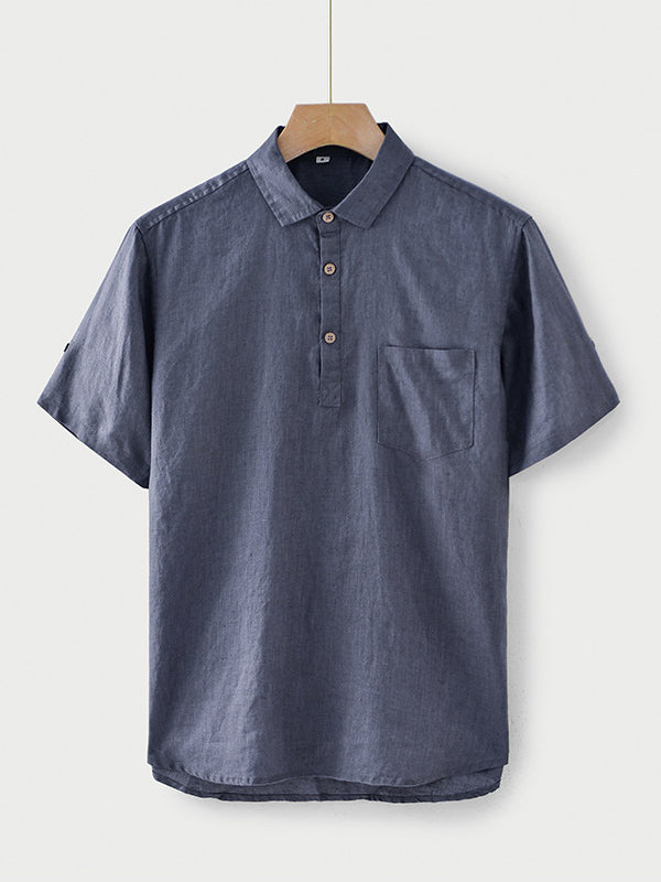 Men's Solid Color 100% Linen Short Sleeve Polo Shirt