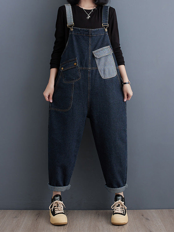 Women's Contrast Washed Denim Overalls