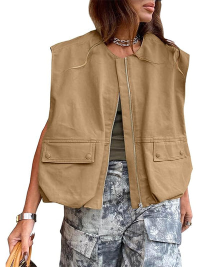 Women's Casual Zip Up Vest Cargo Oversized Jackets