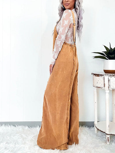 Women's Washed Frayed Wide-Leg Denim Overalls