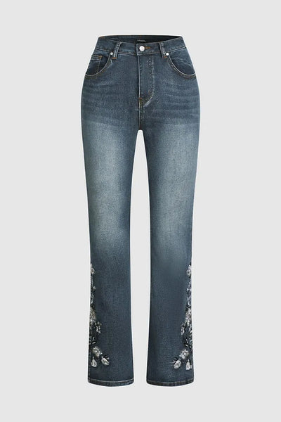 Floral Hand Embroidery Mid Waist Bootcut Jeans