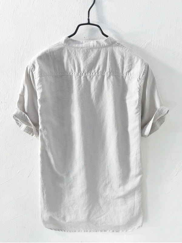 Men's Cotton And Linen Blended Stand Collar Short-sleeved T-shirt