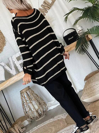 Women's Striped Round Neck Long Sleeve Loose Pocket Sweater