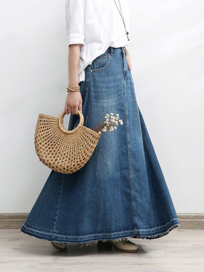 A-Line Flared Denim Maxi Skirt