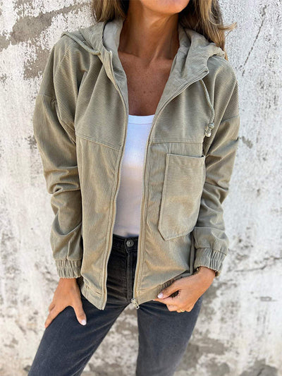 Women's Casual Corduroy Zip-Up Hooded Jacket