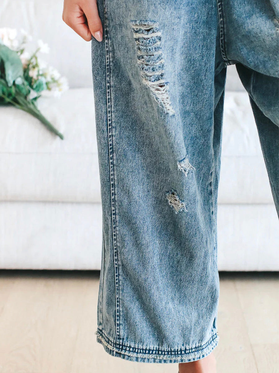 Loose Fit Distressed Denim Overalls