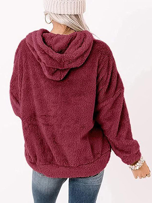 Long Sleeve Plush Pullover Loose Drawstring Hoodie with Pockets