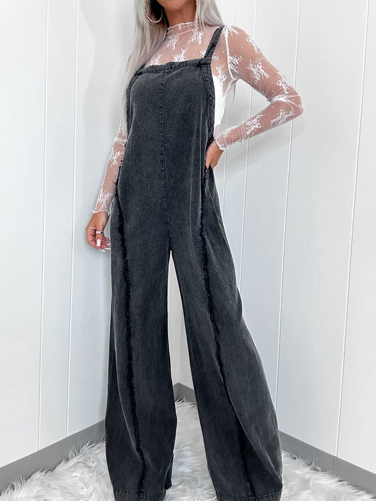 Women's Washed Frayed Wide-Leg Denim Overalls