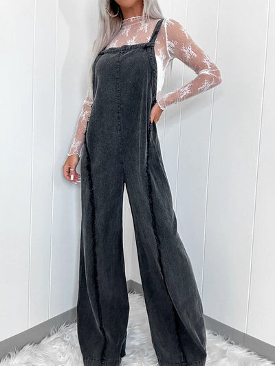 Women's Washed Frayed Wide-Leg Denim Overalls