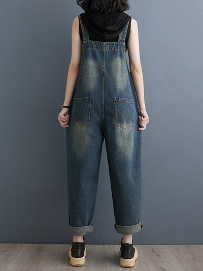 Washed Relaxed Fit Cropped Denim Overalls with Front Button Pockets