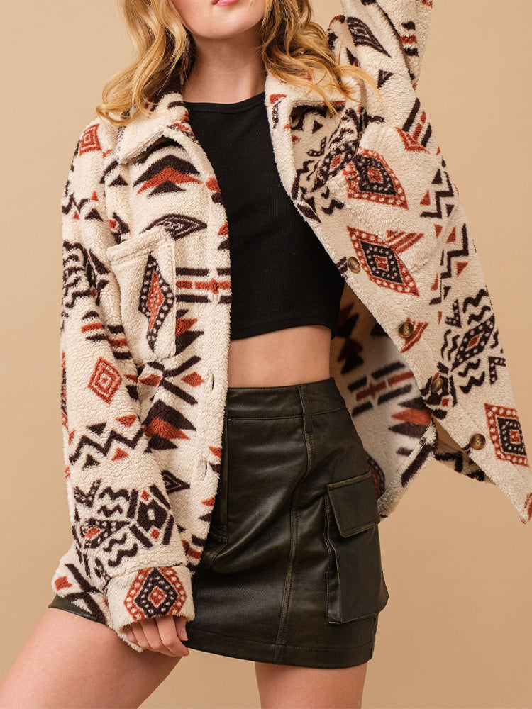 Aztec-Inspired Sherpa Fleece Oversized Jacket