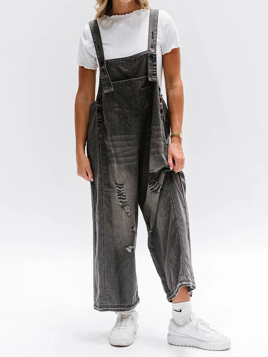 Loose Fit Distressed Denim Overalls