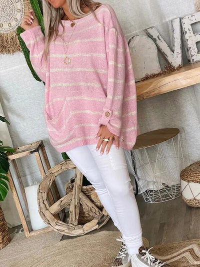 Women's Striped Round Neck Long Sleeve Loose Pocket Sweater