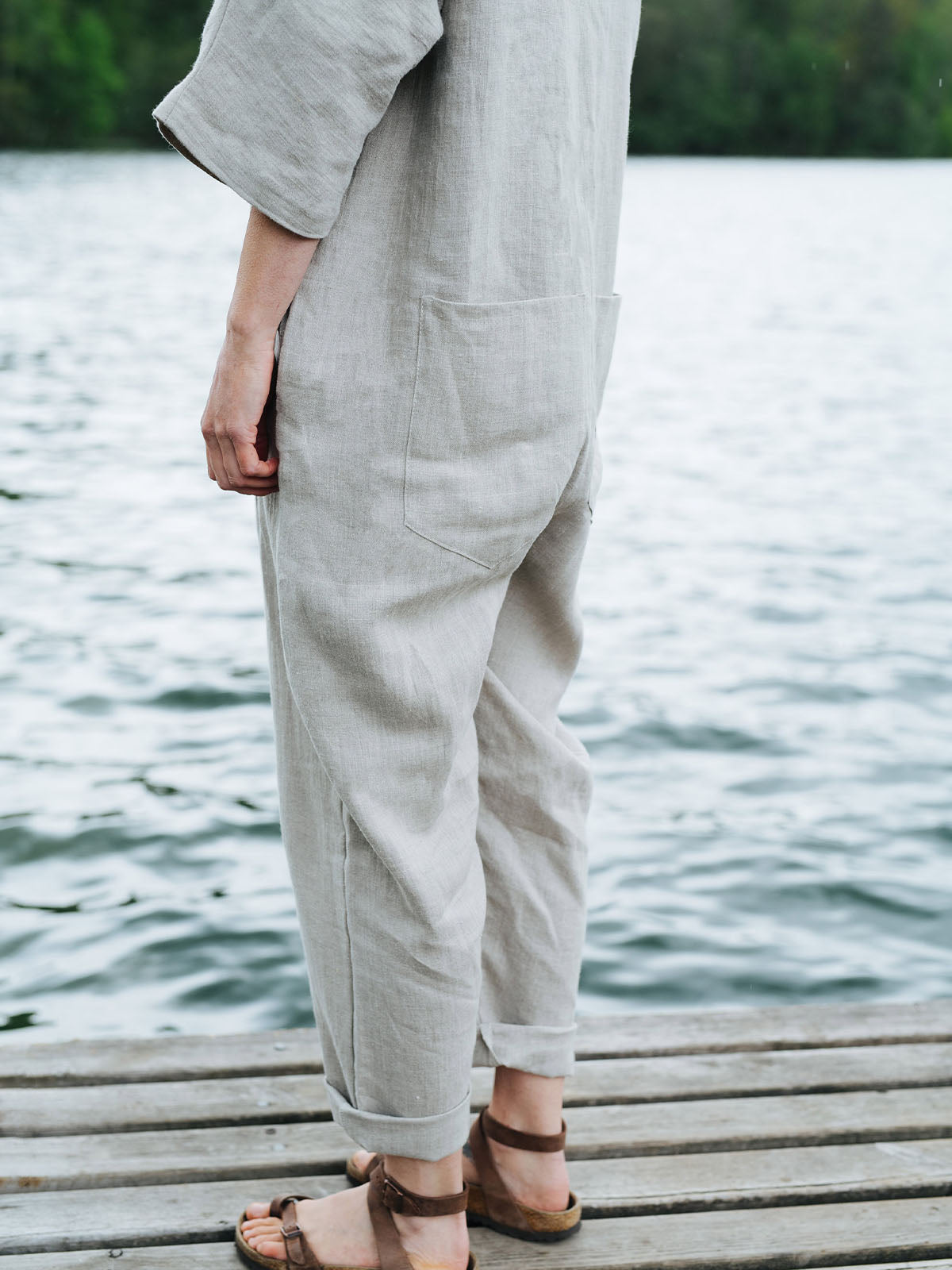 Women's Button Up Half Sleeve V Neck Cotton and Linen Jumpsuit