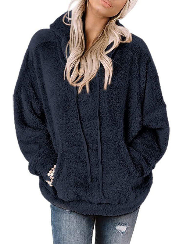 Long Sleeve Plush Pullover Loose Drawstring Hoodie with Pockets