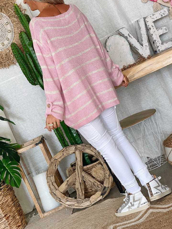 Women's Striped Round Neck Long Sleeve Loose Pocket Sweater