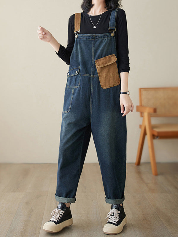 Women's Contrast Washed Denim Overalls