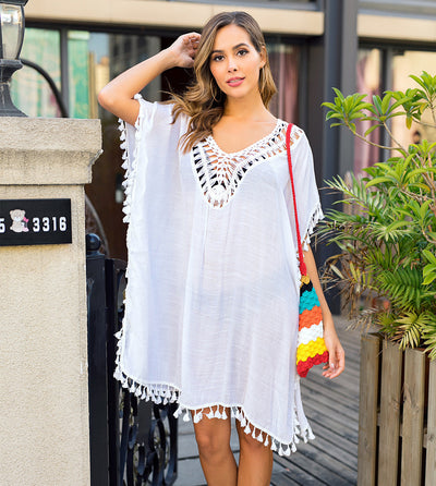 Women's Crochet Trim Tassel Beach Cover-Up Dress