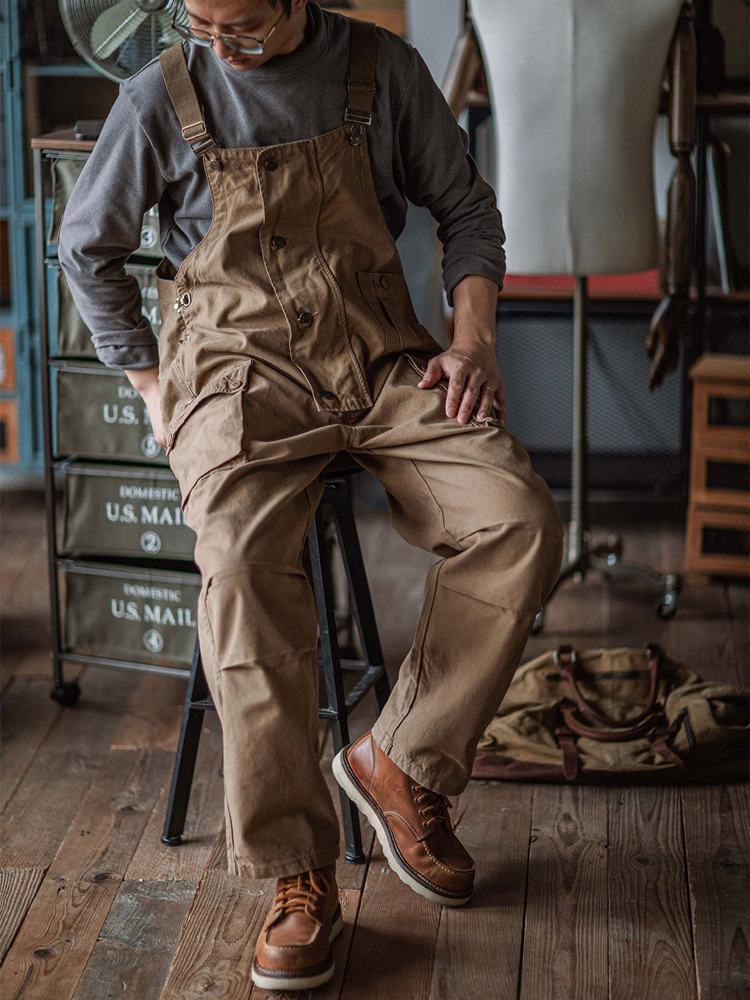 Men's Canvas Overalls Flap Pockets Button Front Workwear