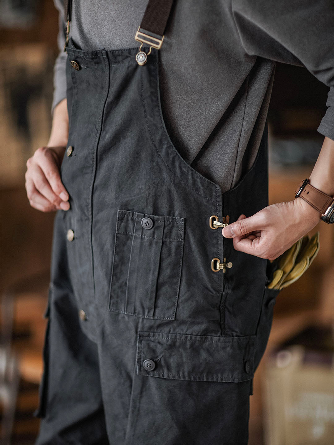 Men's Canvas Overalls Flap Pockets Button Front Workwear