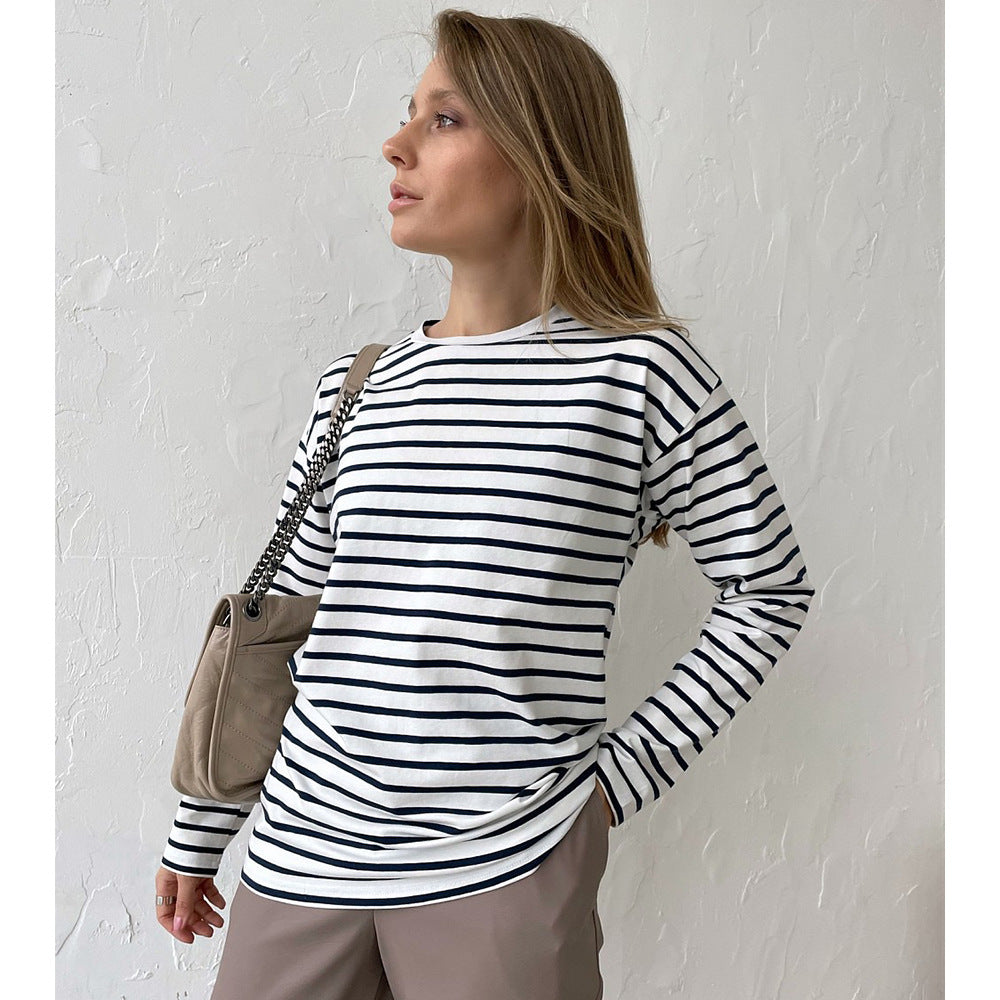 Casual Round Neck Cotton Striped T-shirt
