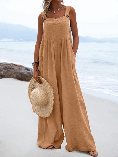 Casual Button Strap Wide-Leg Jumpsuit with Pockets