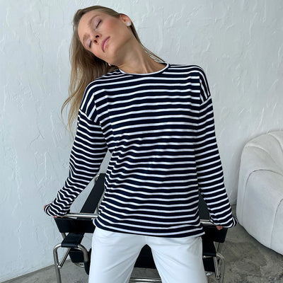 Casual Round Neck Cotton Striped T-shirt