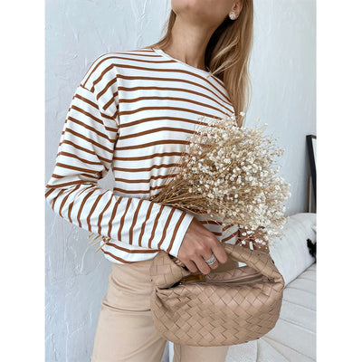 Casual Round Neck Cotton Striped T-shirt