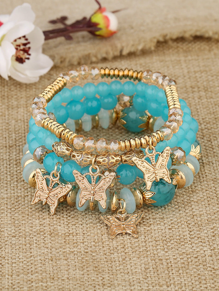 Bohemian Multi-Layer Crystal Butterfly Pendant Bracelet