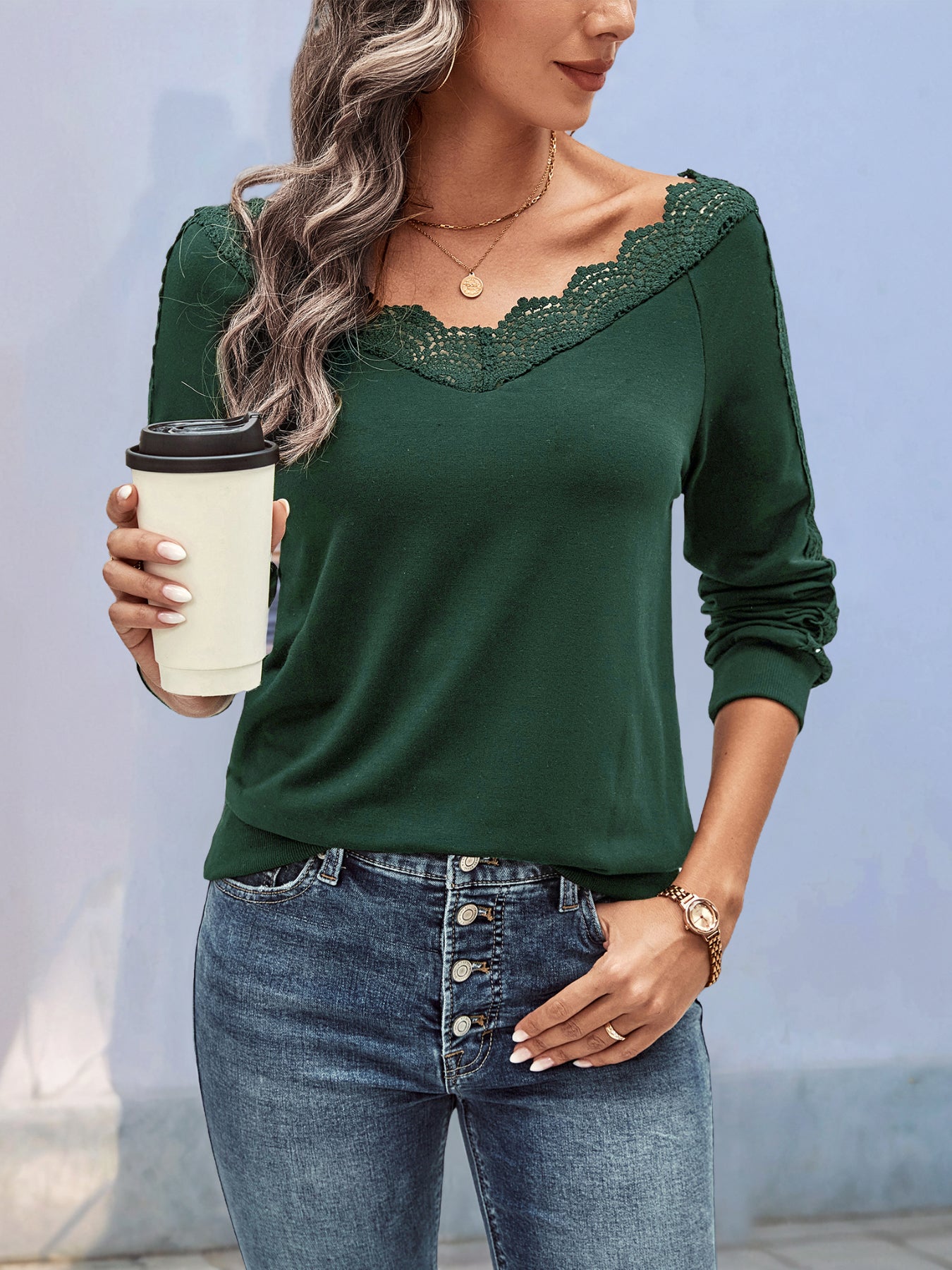 Lace Trim V-Neck Top