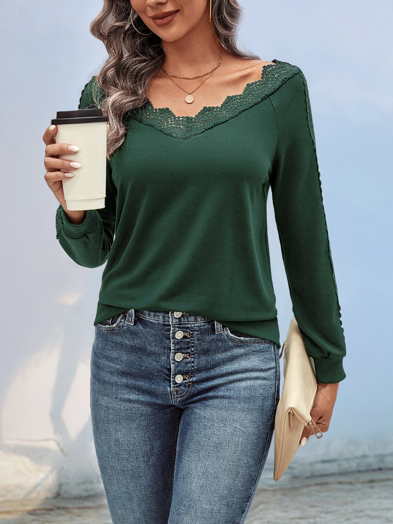 Lace Trim V-Neck Top