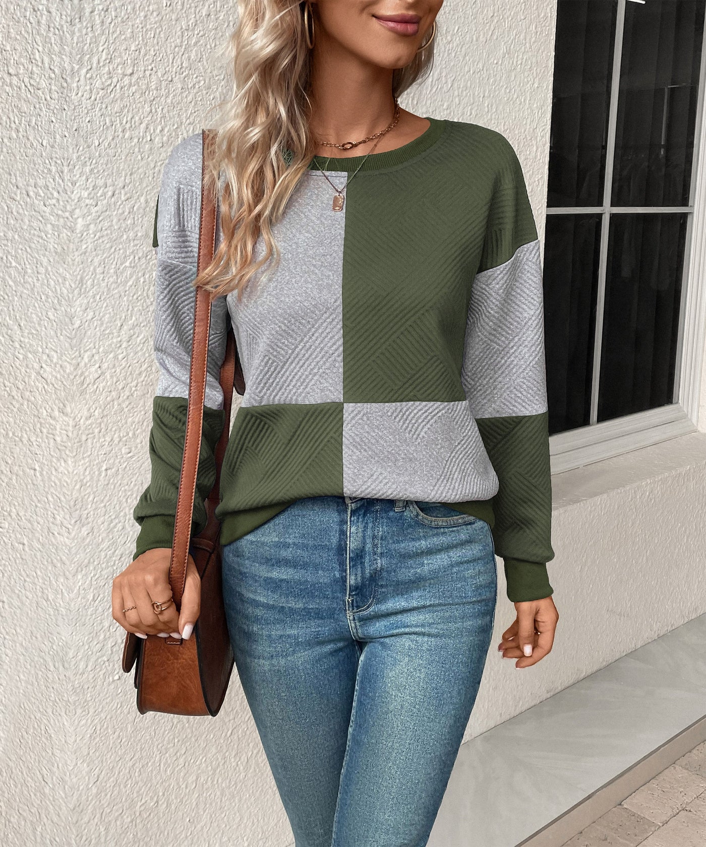 Sweat-shirt texturé à blocs de couleurs pour femme