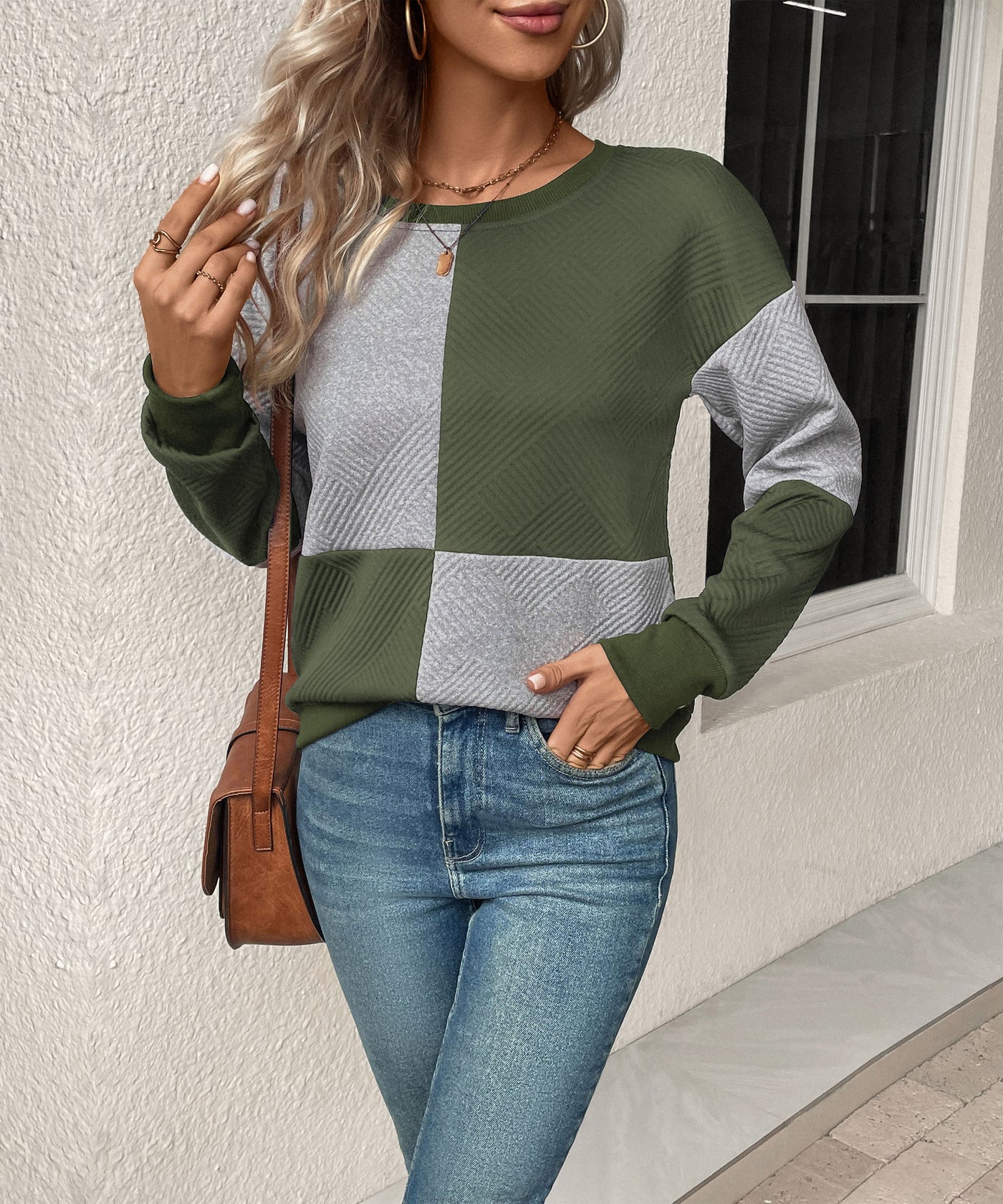 Sweat-shirt texturé à blocs de couleurs pour femme