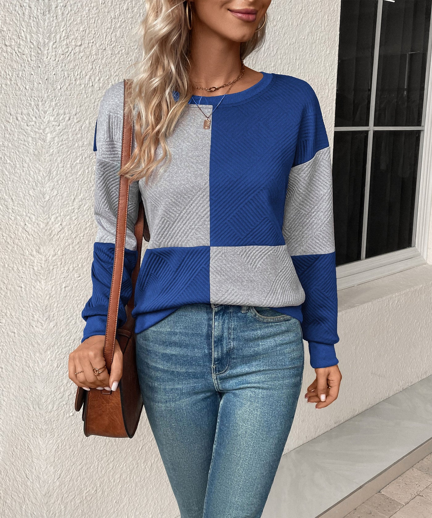 Sweat-shirt texturé à blocs de couleurs pour femme