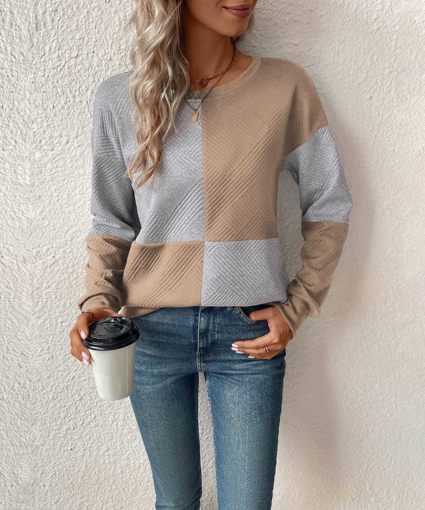 Sweat-shirt texturé à blocs de couleurs pour femme