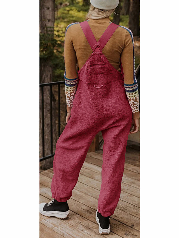 Women's Fleece Thermal Overalls With Zippered Pockets