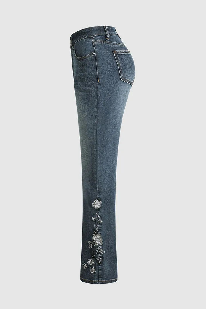 Floral Hand Embroidery Mid Waist Bootcut Jeans