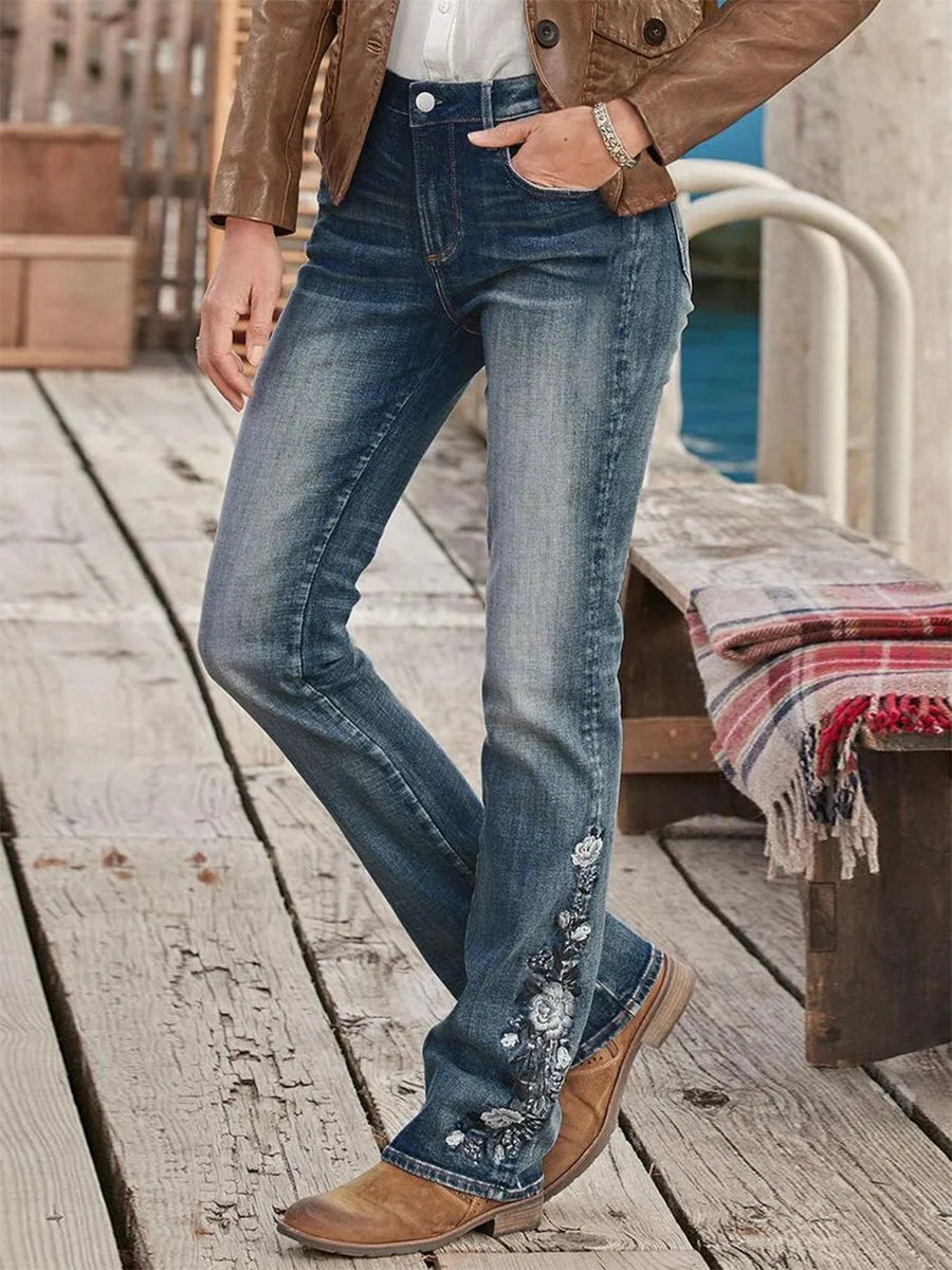Floral Hand Embroidery Mid Waist Bootcut Jeans