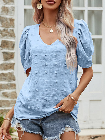 Swiss Dot V Neck Short Puff Sleeve Top