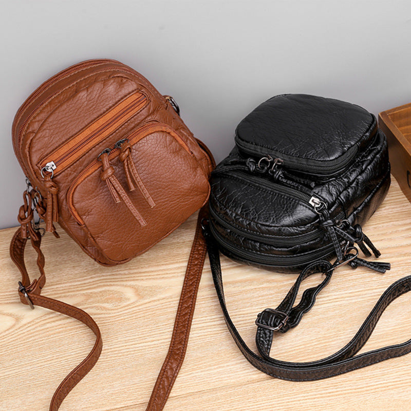 Vintage-Inspired Washed Multilayer Leather Crossbody Bag