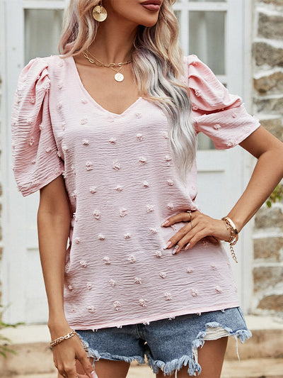 Swiss Dot V Neck Short Puff Sleeve Top