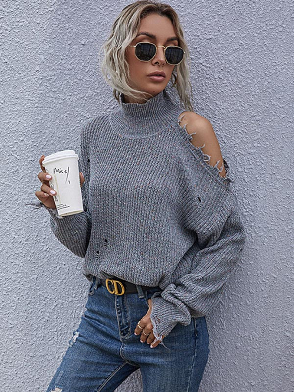 Ripped Cold Shoulder Turtleneck Sweater