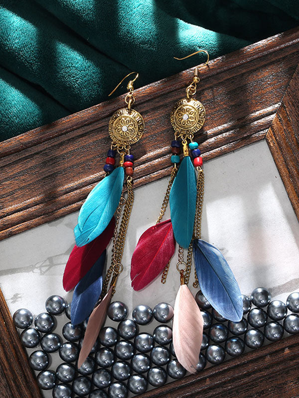 Boho Colorful Chain Tassel Feather Earrings