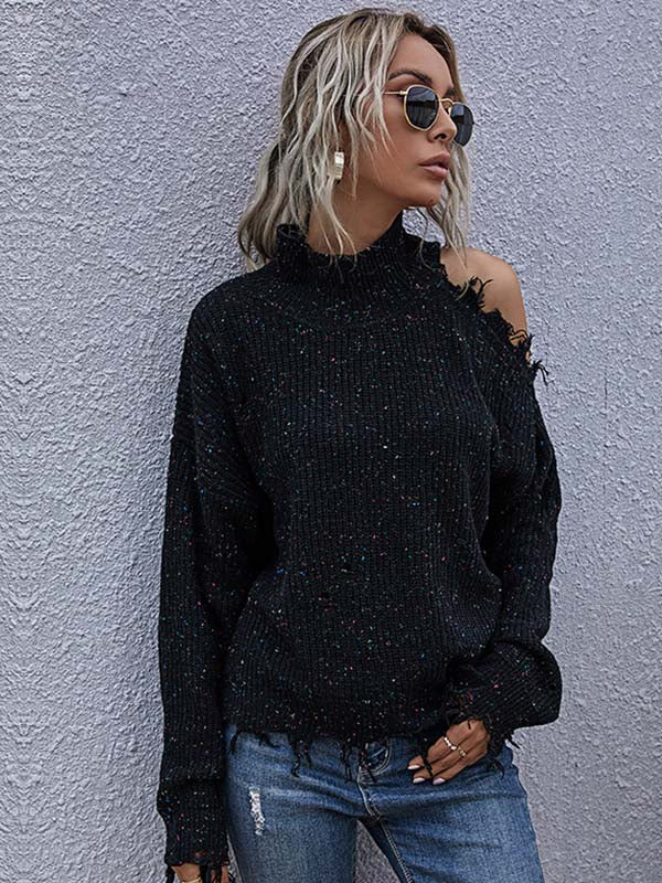 Ripped Cold Shoulder Turtleneck Sweater